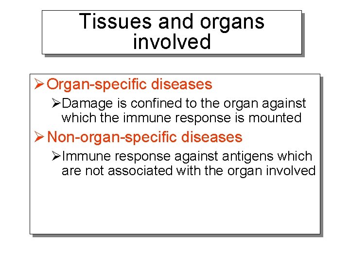 Tissues and organs involved Ø Organ-specific diseases ØDamage is confined to the organ against