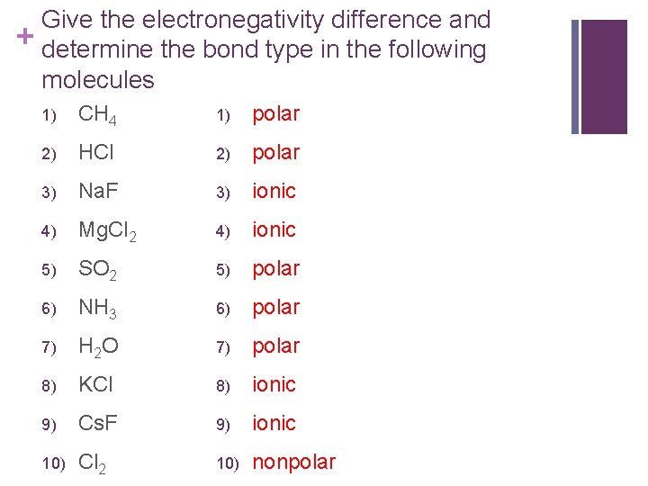 Give the electronegativity difference and + determine the bond type in the following molecules