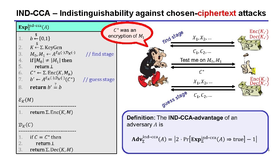 IND-CCA – Indistinguishability against chosen-ciphertext attacks e find g sta e e gu ss