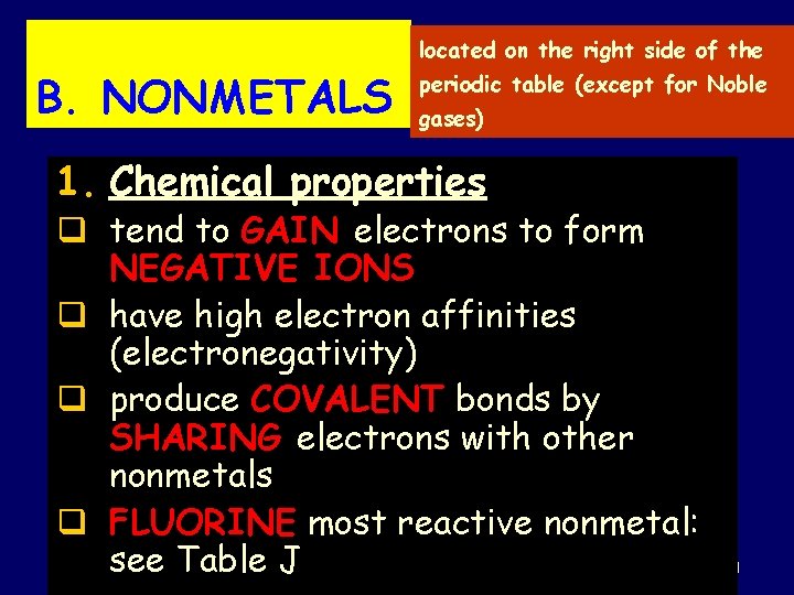located on the right side of the B. NONMETALS periodic table (except for Noble