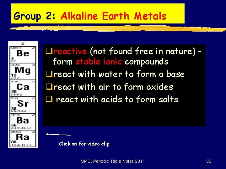 Group 2: Alkaline Earth Metals qreactive (not found free in nature) form stable ionic