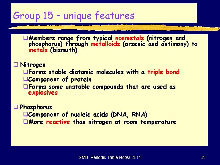 Group 15 – unique features q. Members range from typical nonmetals (nitrogen and phosphorus)