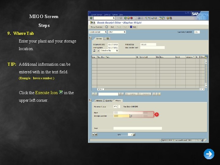 MIGO Screen Steps 9. Where Tab Enter your plant and your storage location. TIP: