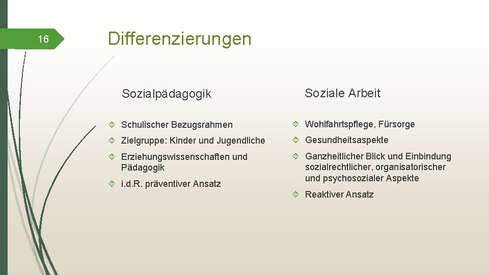 16 Differenzierungen Sozialpädagogik Soziale Arbeit Schulischer Bezugsrahmen Wohlfahrtspflege, Fürsorge Zielgruppe: Kinder und Jugendliche Gesundheitsaspekte