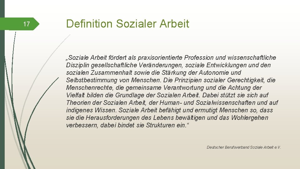 17 Definition Sozialer Arbeit „Soziale Arbeit fördert als praxisorientierte Profession und wissenschaftliche Disziplin gesellschaftliche