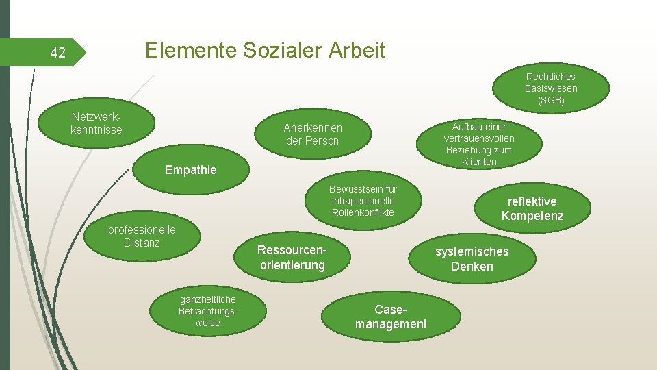 Elemente Sozialer Arbeit 42 Rechtliches Basiswissen (SGB) Netzwerkkenntnisse Anerkennen der Person Aufbau einer vertrauensvollen