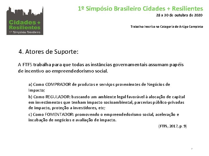 1º Simpósio Brasileiro Cidades + Resilientes 28 a 30 de outubro de 2020 Trabalho