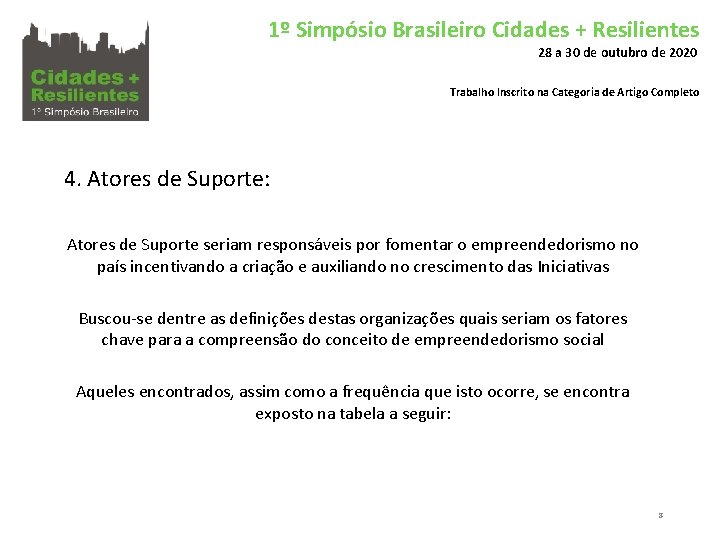 1º Simpósio Brasileiro Cidades + Resilientes 28 a 30 de outubro de 2020 Trabalho