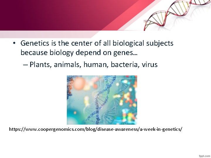  • Genetics is the center of all biological subjects because biology depend on