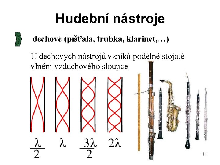 Hudební nástroje dechové (píšťala, trubka, klarinet, …) U dechových nástrojů vzniká podélné stojaté vlnění