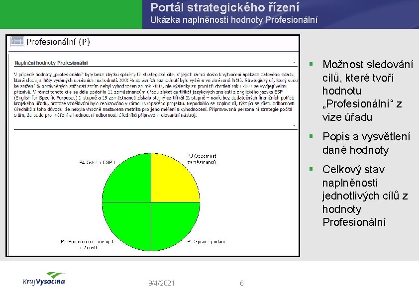 Portál strategického řízení Ukázka naplněnosti hodnoty Profesionální § Možnost sledování cílů, které tvoří hodnotu