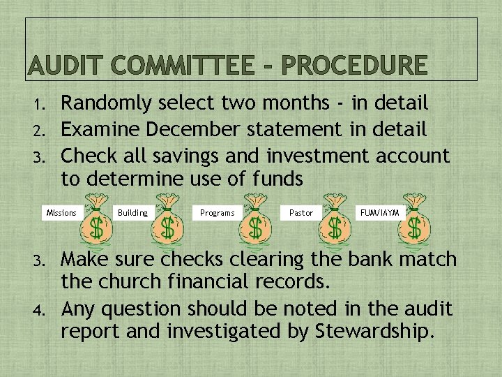 AUDIT COMMITTEE - PROCEDURE 1. 2. 3. Randomly select two months - in detail