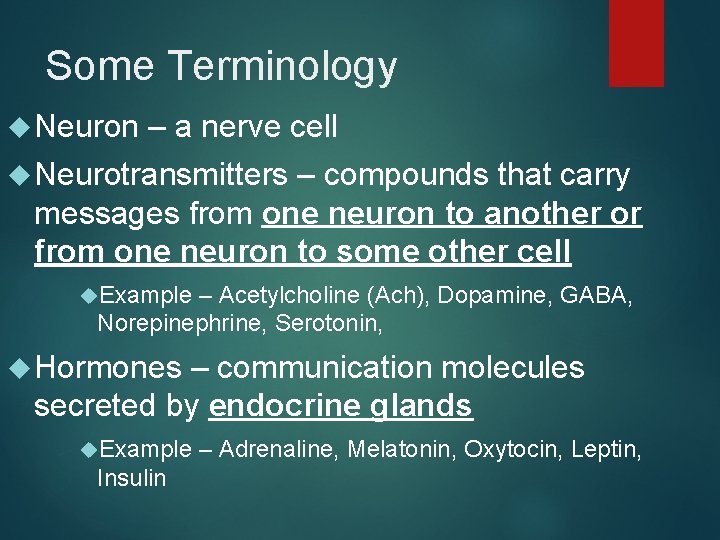Some Terminology Neuron – a nerve cell Neurotransmitters – compounds that carry messages from