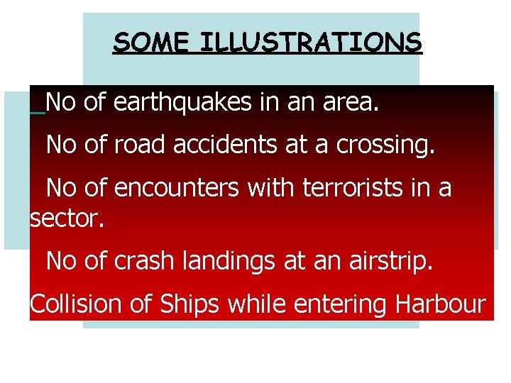 SOME ILLUSTRATIONS No of earthquakes in an area. No of road accidents at a