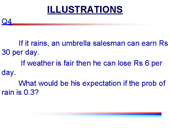 ILLUSTRATIONS Q 4 If it rains, an umbrella salesman can earn Rs 30 per