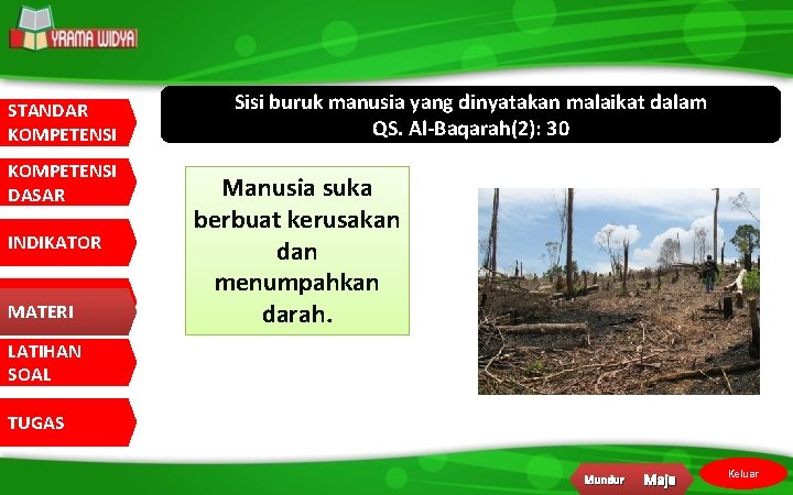 STANDAR KOMPETENSI DASAR INDIKATOR MATERI Sisi buruk manusia yang dinyatakan malaikat dalam QS. Al-Baqarah(2):