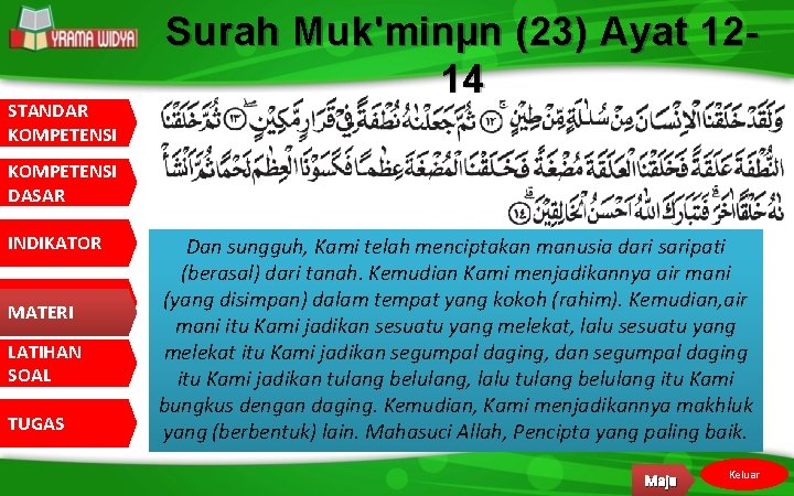STANDAR KOMPETENSI Surah Muk'minµn (23) Ayat 1214 KOMPETENSI DASAR INDIKATOR MATERI LATIHAN SOAL TUGAS