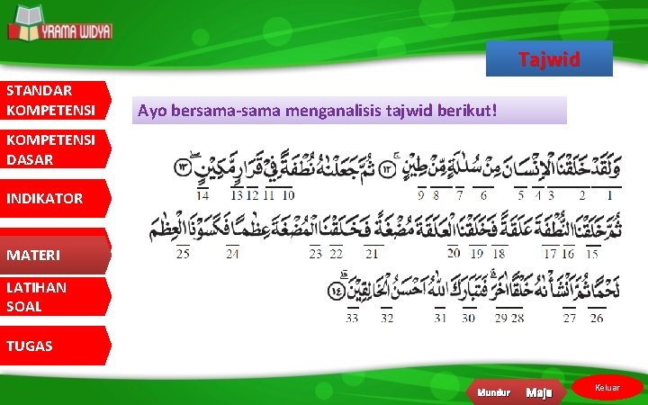 Tajwid STANDAR KOMPETENSI Ayo bersama-sama menganalisis tajwid berikut! KOMPETENSI DASAR INDIKATOR MATERI LATIHAN SOAL