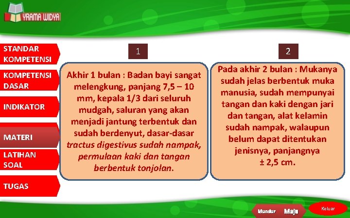 STANDAR KOMPETENSI DASAR INDIKATOR MATERI LATIHAN SOAL 1 Akhir 1 bulan : Badan bayi