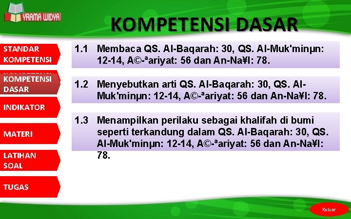 KOMPETENSI DASAR STANDAR KOMPETENSI DASAR 1. 1 Membaca QS. Al-Baqarah: 30, QS. Al-Muk'minµn: 12