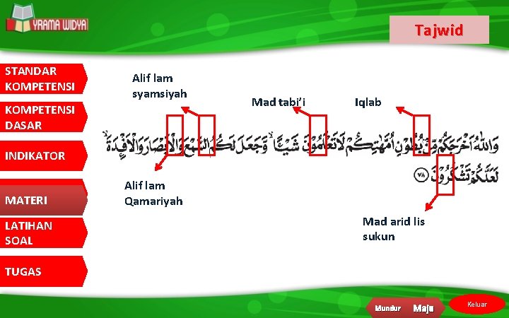 Tajwid STANDAR KOMPETENSI Alif lam syamsiyah KOMPETENSI DASAR Mad tabi’i Iqlab INDIKATOR MATERI LATIHAN