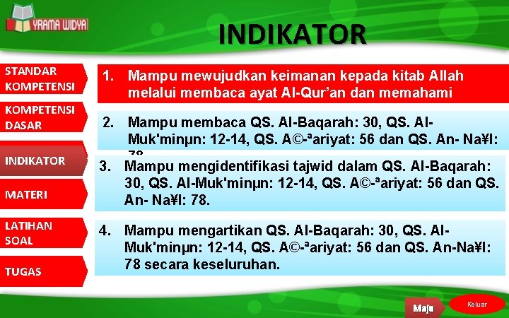 INDIKATOR STANDAR KOMPETENSI DASAR INDIKATOR MATERI LATIHAN SOAL TUGAS 1. Mampu mewujudkan keimanan kepada