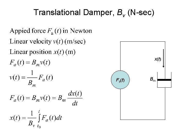 Translational Damper, Bv (N-sec) x(t) Fa(t) Bm 