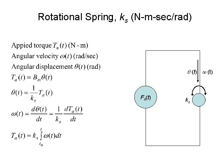 Rotational Spring, ks (N-m-sec/rad) (t) Fa(t) ks 