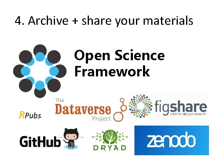 4. Archive + share your materials Open Science Framework RPubs 