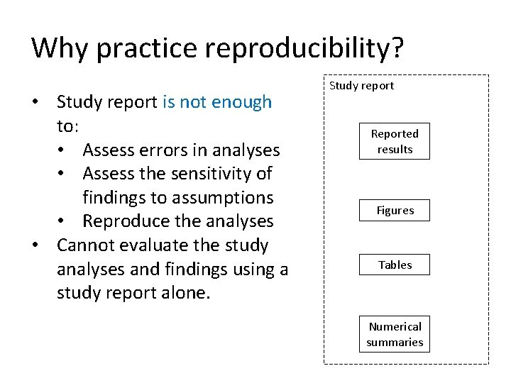Why practice reproducibility? • Study report is not enough to: • Assess errors in