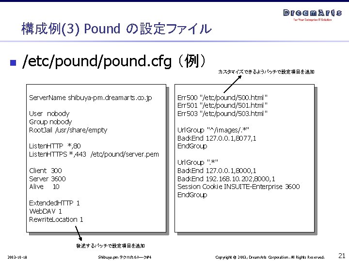 構成例(3) Pound の設定ファイル n /etc/pound. cfg （例） Server. Name shibuya-pm. dreamarts. co. jp User