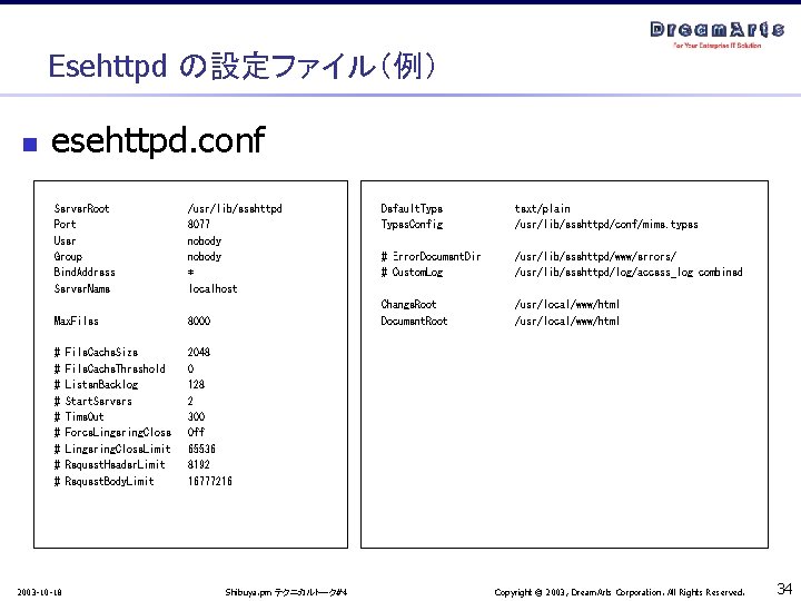 Esehttpd の設定ファイル（例） n esehttpd. conf Server. Root Port User Group Bind. Address Server. Name