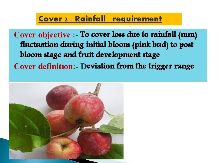 Cover 2 : Rainfall requirement Cover objective : - To cover loss due to