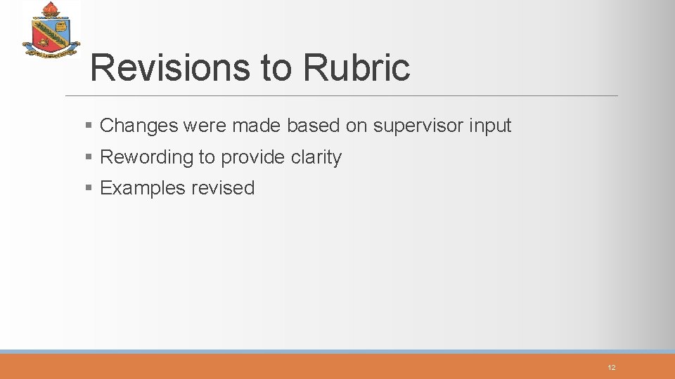 Revisions to Rubric § Changes were made based on supervisor input § Rewording to