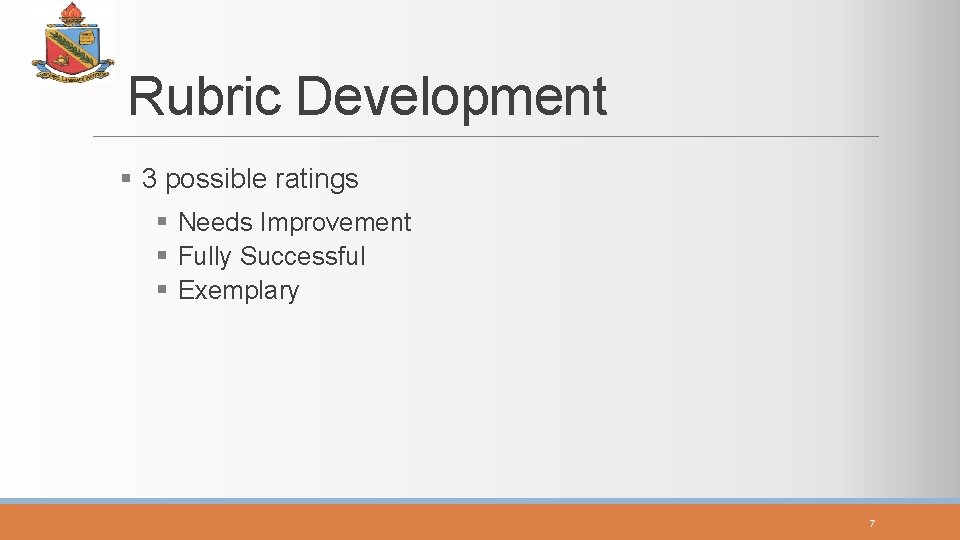 Rubric Development § 3 possible ratings § Needs Improvement § Fully Successful § Exemplary