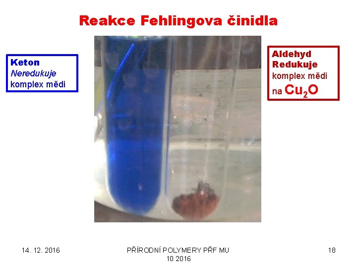 Reakce Fehlingova činidla Aldehyd Redukuje komplex mědi Keton Neredukuje komplex mědi 14. 12. 2016