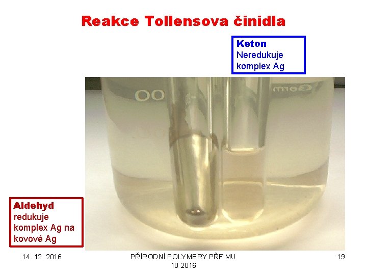Reakce Tollensova činidla Keton Neredukuje komplex Ag Aldehyd redukuje komplex Ag na kovové Ag