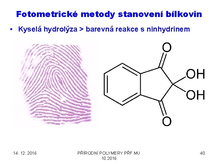 Fotometrické metody stanovení bílkovin • Kyselá hydrolýza > barevná reakce s ninhydrinem 14. 12.