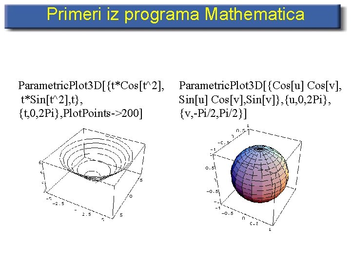 Primeri iz programa Mathematica Parametric. Plot 3 D[{t*Cos[t^2], t*Sin[t^2], t}, {t, 0, 2 Pi},