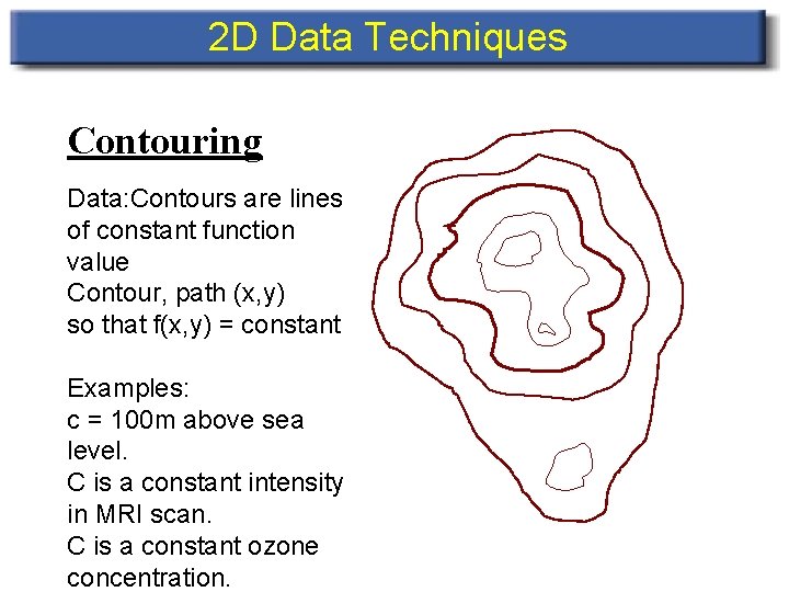 2 D Data Techniques Contouring Data: Contours are lines of constant function value Contour,