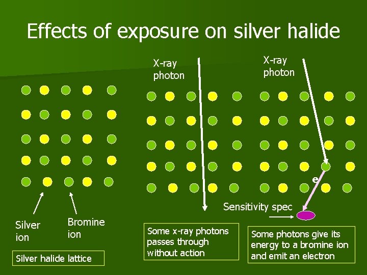 Effects of exposure on silver halide X-ray photon e Sensitivity spec Silver ion Bromine