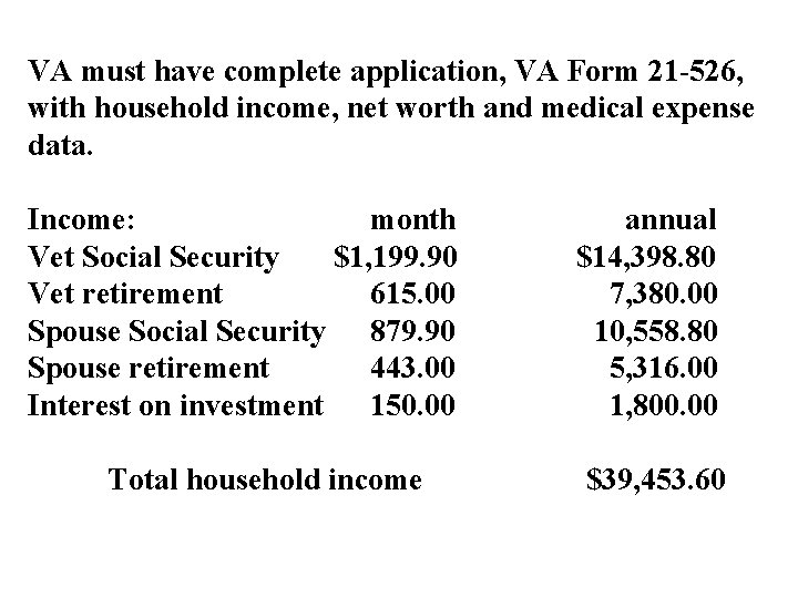 VA must have complete application, VA Form 21 -526, with household income, net worth