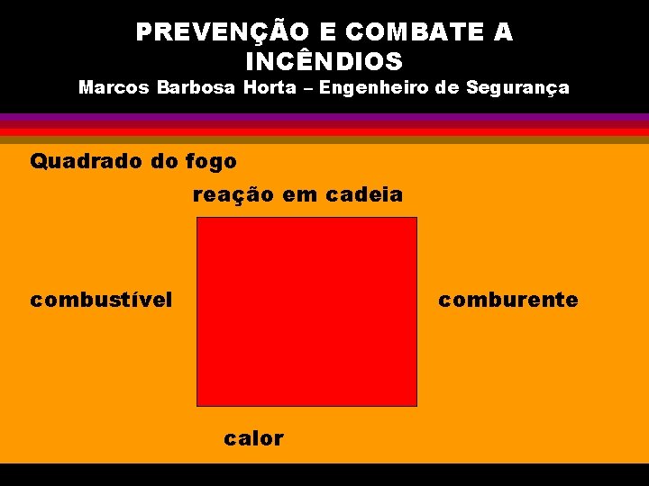 PREVENÇÃO E COMBATE A INCÊNDIOS Marcos Barbosa Horta – Engenheiro de Segurança Quadrado do