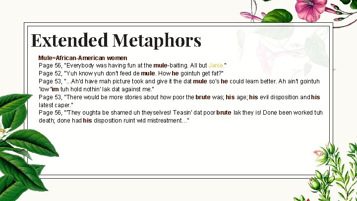 Extended Metaphors Mule=African-American women Page 56, “Everybody was having fun at the mule-baiting. All