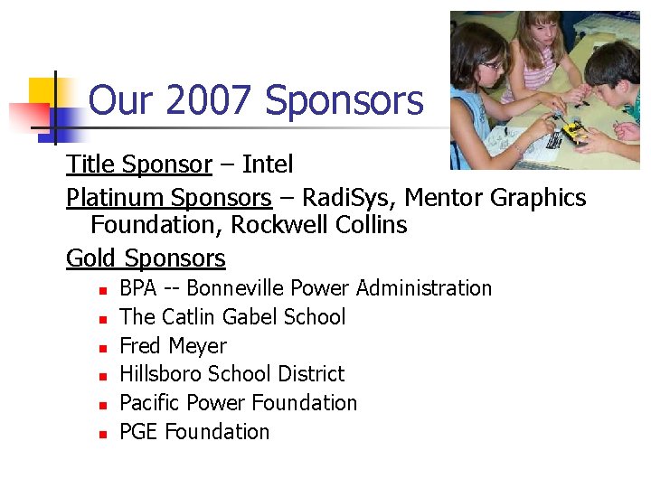 Our 2007 Sponsors Title Sponsor – Intel Platinum Sponsors – Radi. Sys, Mentor Graphics