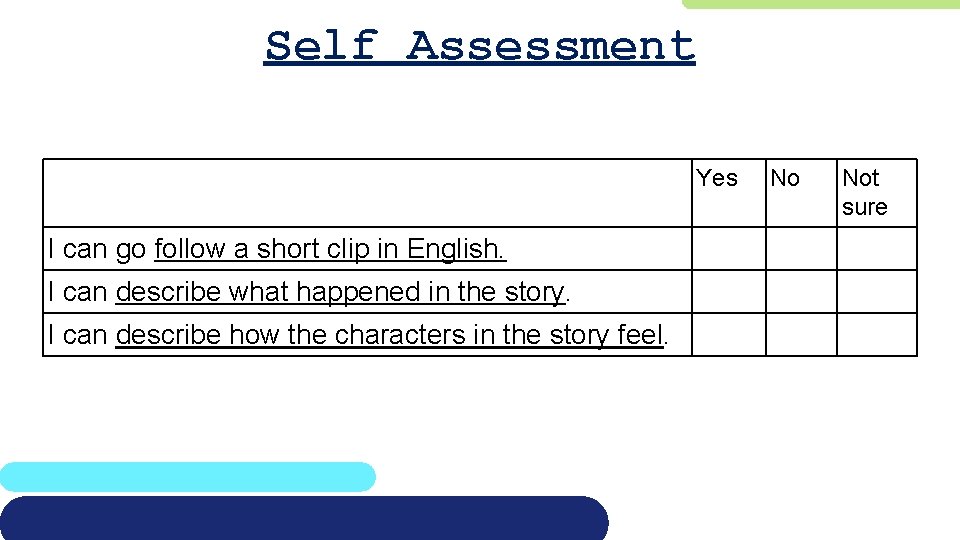 Self Assessment Yes I can go follow a short clip in English. I can