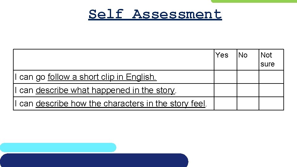 Self Assessment Yes I can go follow a short clip in English. I can