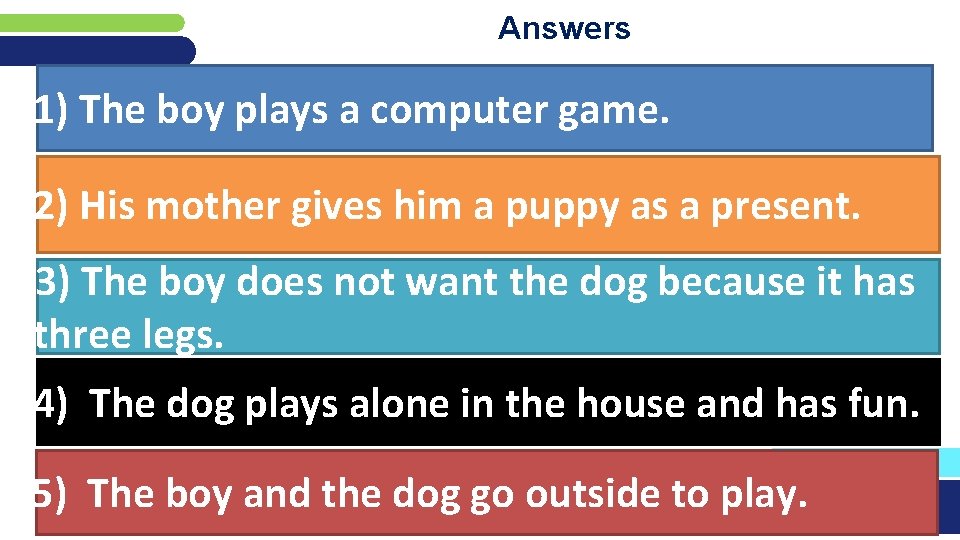 Answers 1) The boy plays a computer game. 2) His mother gives him a