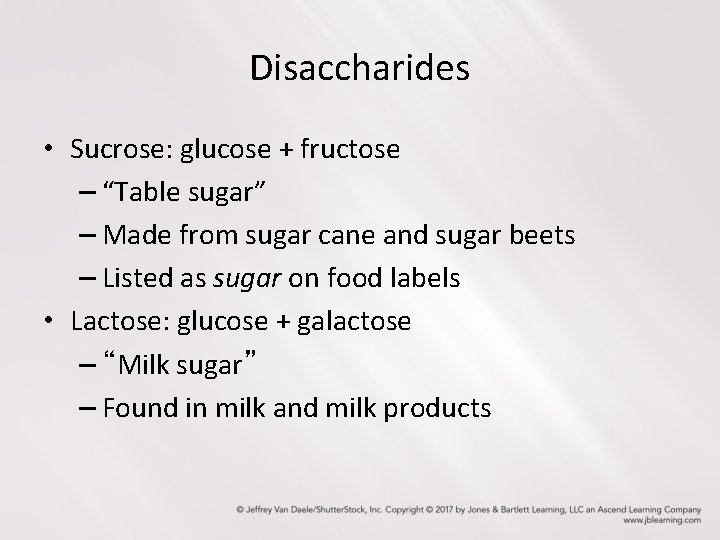 Disaccharides • Sucrose: glucose + fructose – “Table sugar” – Made from sugar cane