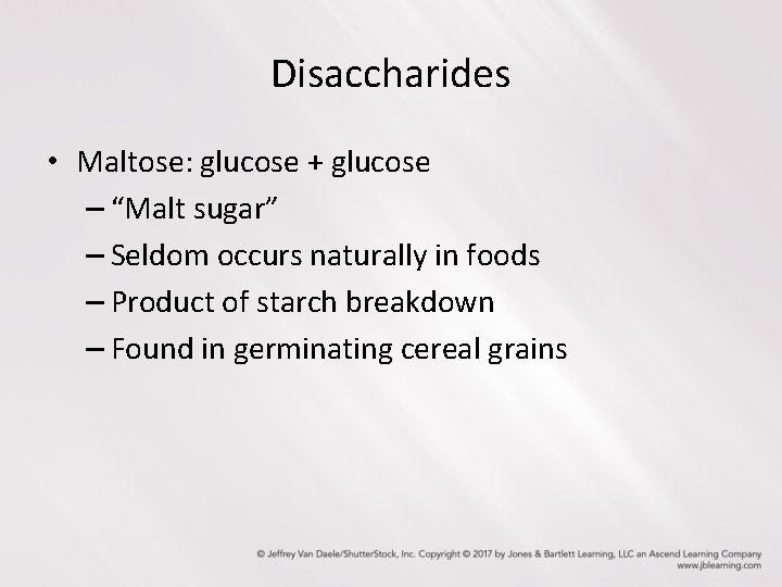Disaccharides • Maltose: glucose + glucose – “Malt sugar” – Seldom occurs naturally in